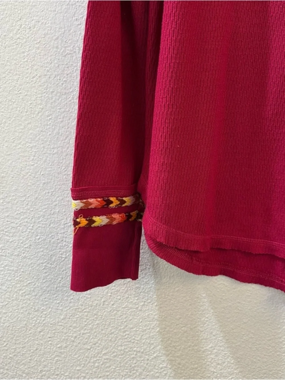 Free People Tribal Rainbow Henley Embroidered Thermal Long Sleeve Tee Size Large